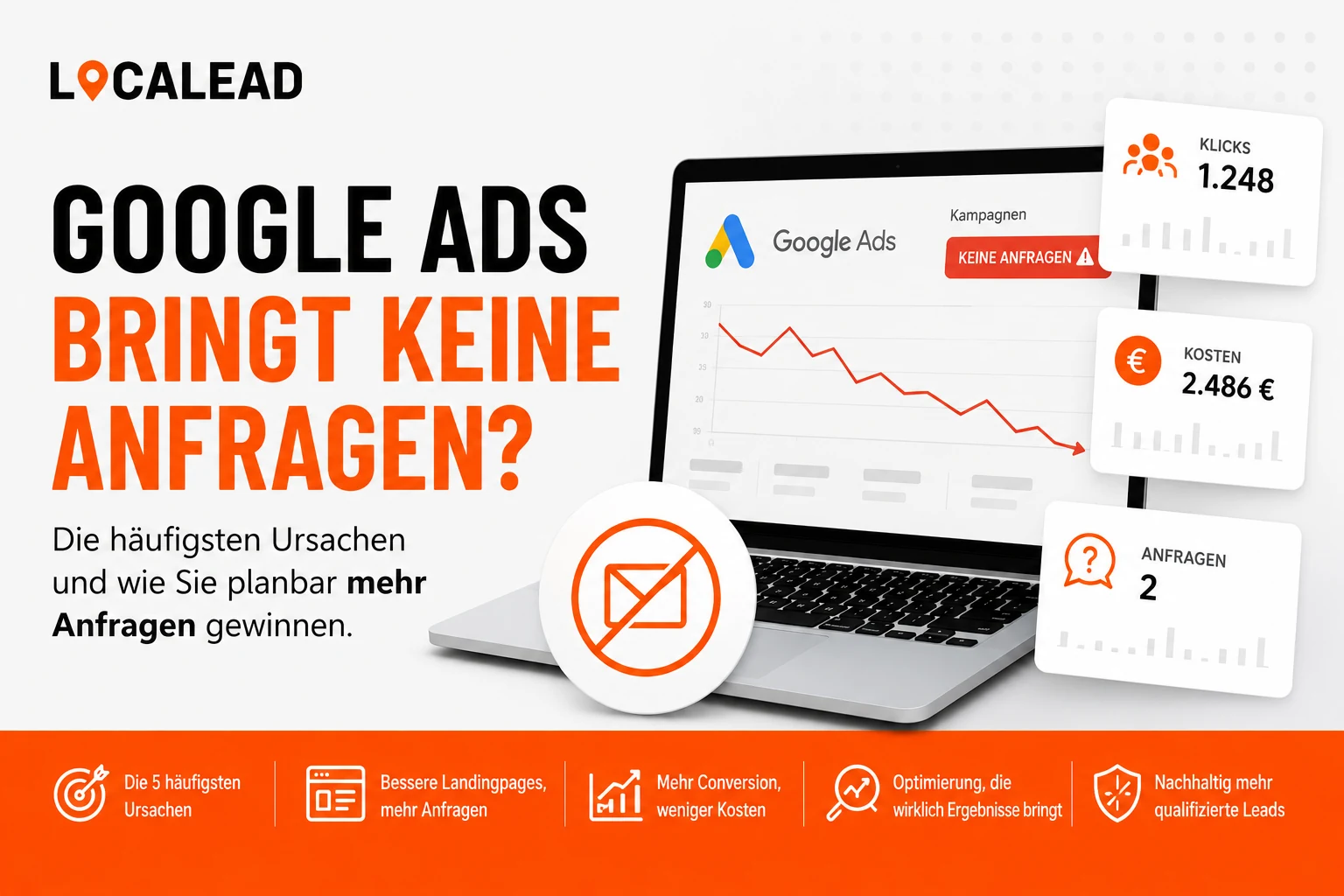 Google Ads bringt keine Anfragen: Unternehmer analysiert laufende Werbekampagnen mit vielen Klicks aber ohne qualifizierte Leads trotz hohem Werbebudget